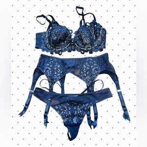 Vintage Dita Von Teese Navy Blue Lace Bra, Garter Belt & Thong Lingerie Set